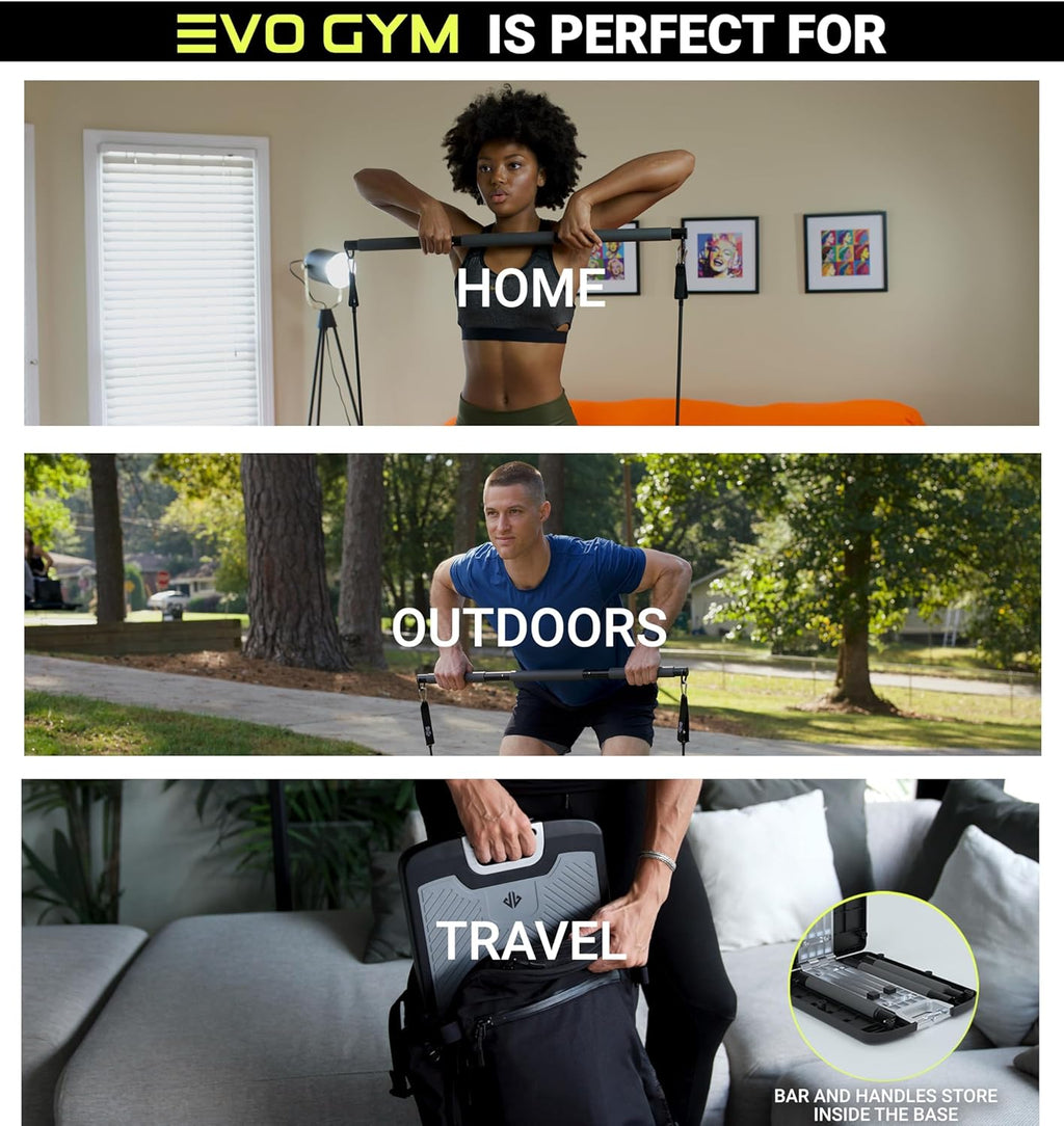 EVO Gym - Portable Home Gym Strength Training Equipment, at Home Gym | All in One Gym - Resistance Bands, Base Holds Gym Bar & Handles for Travel | Portable Gym & Home Exercise Equipment